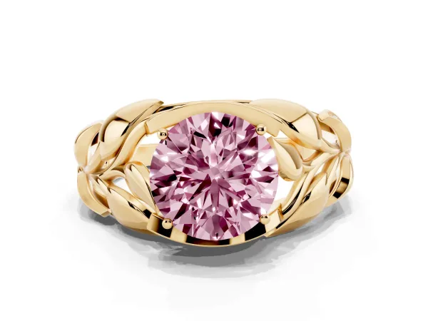 Fancy Pink Round Cut Diamond Leaf-Inspired Engagement Ring with Round Accents and Prong Setting Yellow gold