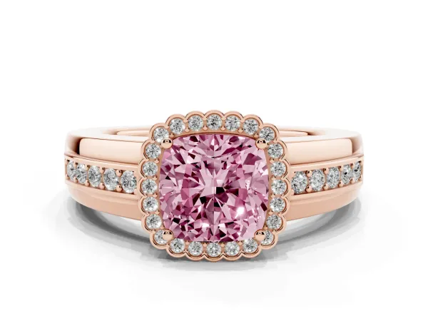 Fancy Pink Cushion Cut Cut Halo Pave Band Four-Prong Ring Rose gold