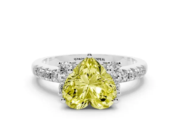 Fancy Yellow Heart Cut Diamond Three-Stone Pave Band with Four-Prong Setting Platinum