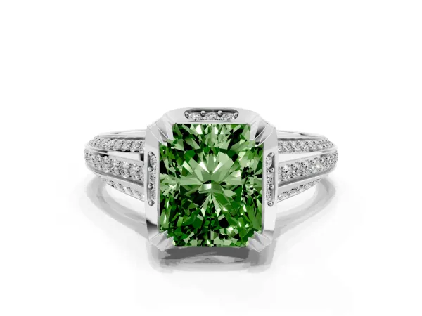 Fancy Green Radiant Cut Solitaire Pave Split Shank Ring with Four-Prong Setting Platinum