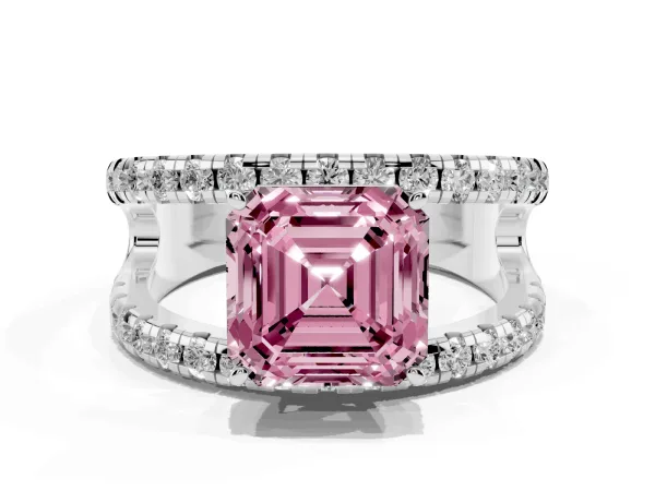 Fancy Pink Asscher Cut Solitaire Split Shank Pave Diamond Ring White gold