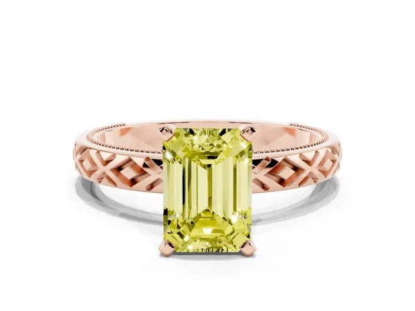 Fancy Yellow Emerald Cut Solitaire Diamond Ring with Milgrain and Black Enamel X Pattern Band Rose gold