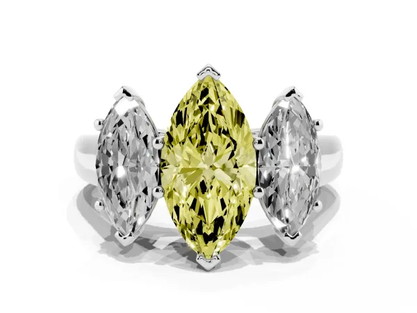 Fancy Yellow Marquise Cut Three-Stone Diamond Ring with Prong Setting on a Classic Band Platinum