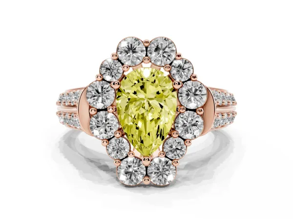 Fancy Yellow Pear Cut Halo Diamond Engagement Ring with Split Shank and Prong Setting Rose gold