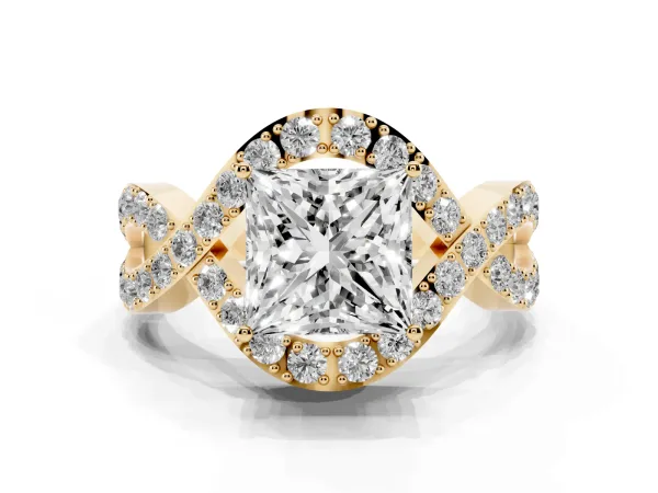 Princess Cut Solitaire Twist Band Pavé Diamond Engagement Ring Yellow gold
