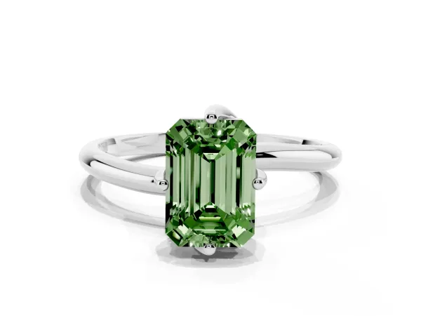 Fancy Green Emerald Cut Diamond Solitaire Engagement Ring with Four-Prong Setting and Classic Band White gold