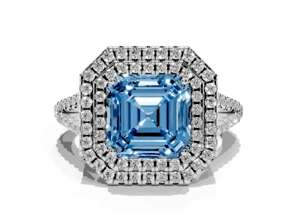 Fancy Blue Asscher Cut Diamond Double Halo Ring with Pavé Band and Prong Setting White gold