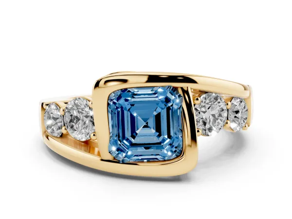 Fancy Blue Bezel Set Asscher Cut Diamond Bypass Ring with Round Accents Yellow gold