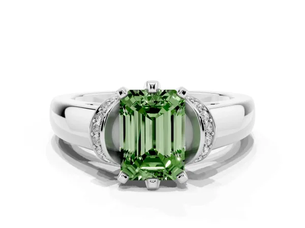 Fancy Green Emerald Cut Solitaire Diamond Ring with Pave Band and Six-Prong Setting White gold
