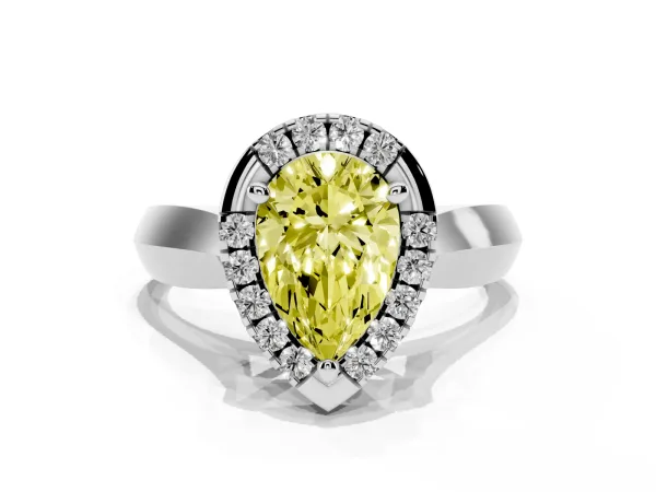 Fancy Yellow Pear Cut Cut Halo Solitaire Engagement Ring with Square Band and Four-Prong Setting White gold