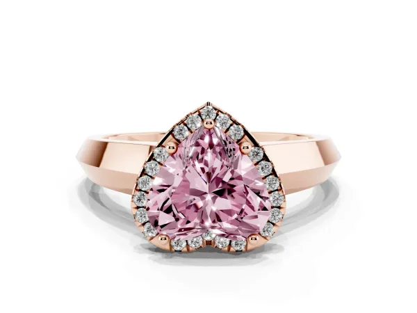 Fancy Pink Heart Cut Halo Diamond Ring with Cathedral Band and Four-Prong Setting Rose gold