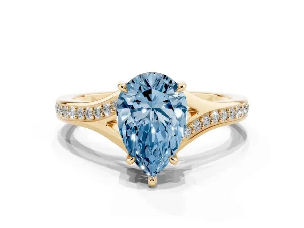 Fancy Blue Pear Cut Diamond Solitaire Ring with Pavé Band and Prong Setting Yellow gold