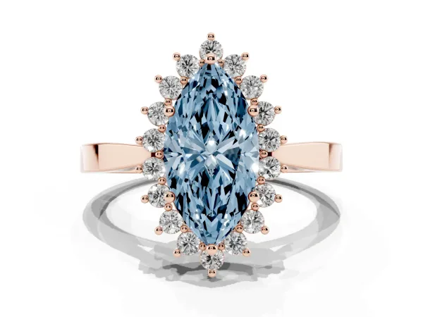 Fancy Blue Marquise Cut Cut Diamond Halo Ring with Round Brilliant Halo and Solitaire Band Rose gold