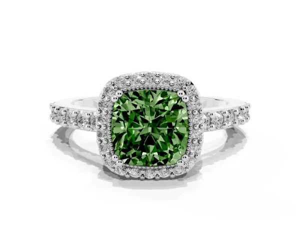 Fancy Green Cushion Cut Cut Diamond Halo Engagement Ring with Milgrain Detail and Pavé Band Platinum