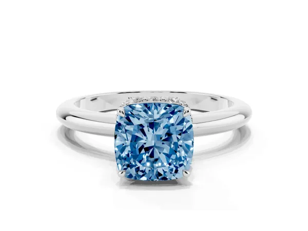 Fancy Blue Cushion Cut Brilliant Solitaire Engagement Ring with Six-Prong Setting and Classic Band White gold