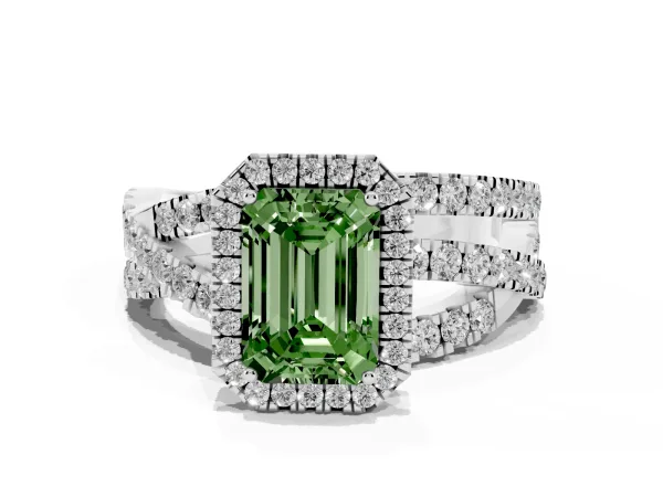 Fancy Green Emerald Cut Diamond Halo Ring with Round Split Shank and Prong Setting White gold
