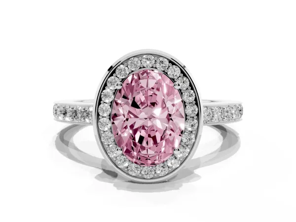 Fancy Pink Oval Cut Diamond Halo Ring with Bezel Frame and Pavé Band White gold