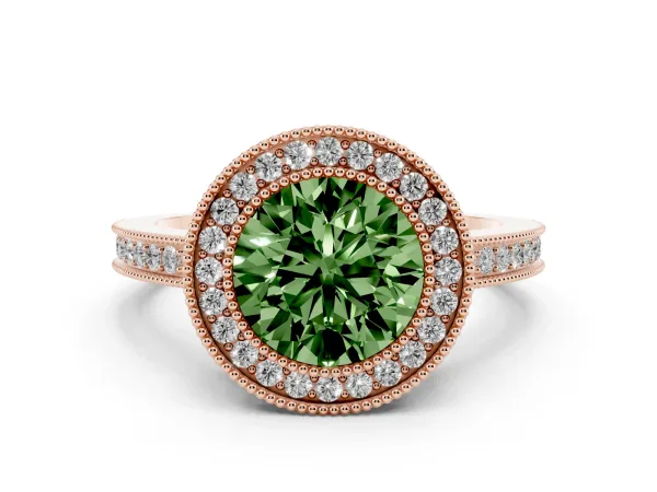 Fancy Green Round Cut Cut Halo Diamond Ring with Pavé Band and Milgrain Prong Setting Rose gold