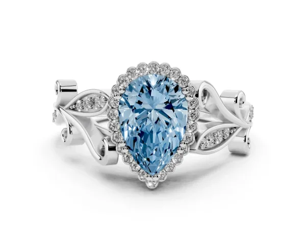 Fancy Blue Pear Cut Diamond Halo Ring with Vintage Split Shank and Four-Prong Setting Platinum