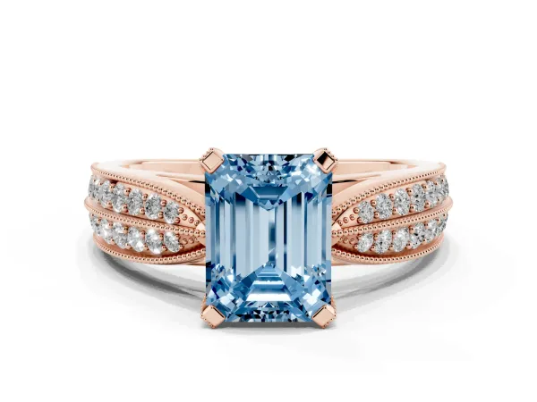 Fancy Blue Emerald Cut Diamond Solitaire Ring with Milgrain Round Pavé Band and Prong Setting Rose gold