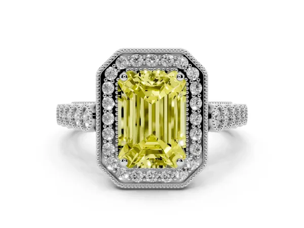 Fancy Yellow Emerald Cut Halo Milgrain Solitaire with Bezel Set Side Stones and Pave Band Platinum
