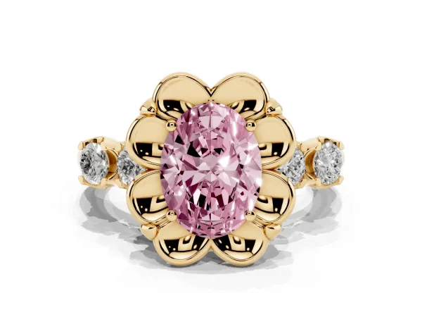 Fancy Pink Oval Cut Cut Diamond Floral Halo Engagement Ring with Shared Prong Setting Yellow gold