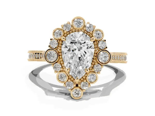 Pear Cut Halo Milgrain Pave Diamond Ring with Four-Prong Setting Yellow gold