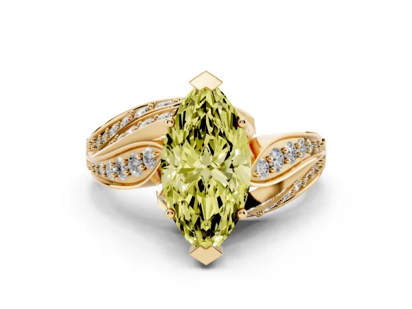 Fancy Yellow Marquise Cut Diamond Solitaire Ring with Prong Setting and Twisted Pavé Band Yellow gold