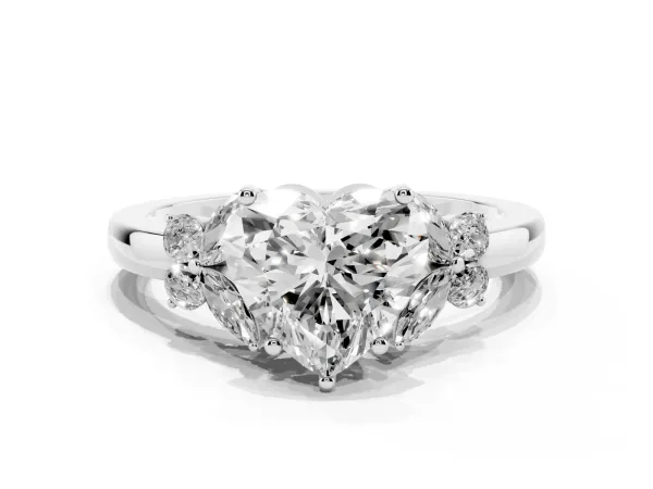 Heart Cut Cut Solitaire Floral Diamond Ring with Four-Prong Setting White gold
