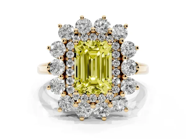 Fancy Yellow Emerald Cut Diamond Floral Double Halo Engagement Ring with Prong Setting Yellow gold