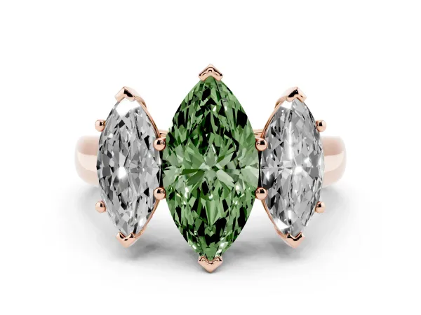 Fancy Green Marquise Cut Three-Stone Diamond Ring with Prong Setting on a Classic Band Rose gold