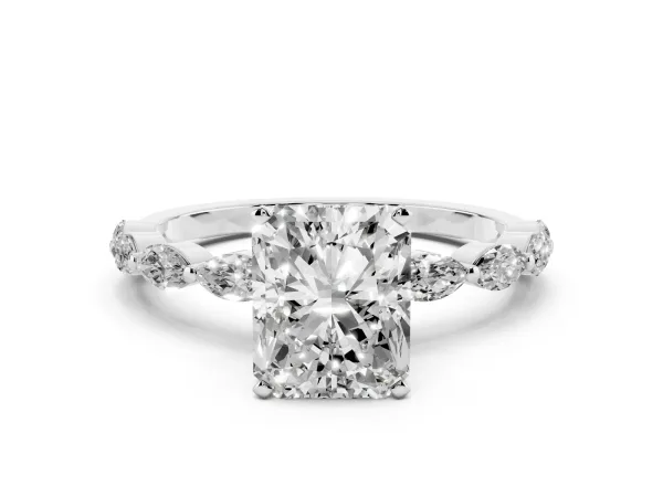 Radiant Cut Diamond Ring with Marquise Side Stones and Prong Setting White gold