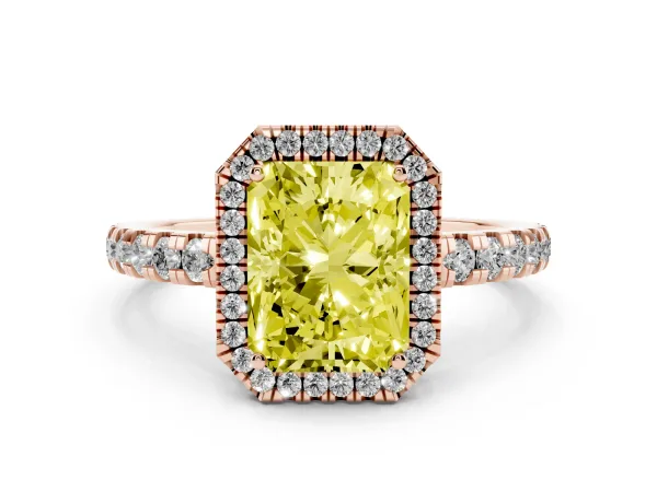 Fancy Yellow Radiant Cut Diamond Halo Ring with Pavé Band and Four-Prong Setting Rose gold