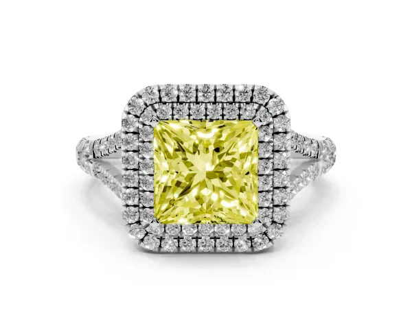 Fancy Yellow Double Halo Princess Cut Diamond Split Shank Engagement Ring with Four-Prong Setting Platinum