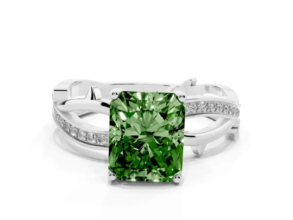 Fancy Green Radiant Cut Solitaire Twist Band with Pavé Accents and Four-Prong Setting White gold