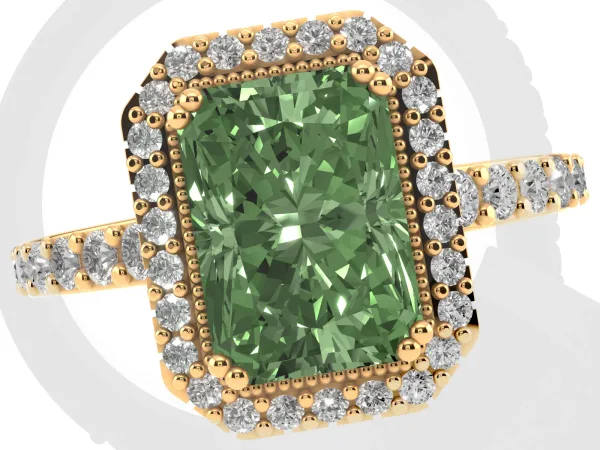 Fancy Green Radiant Cut Cut Diamond Halo Engagement Ring with Milgrain Detail and Pavé Band Yellow gold