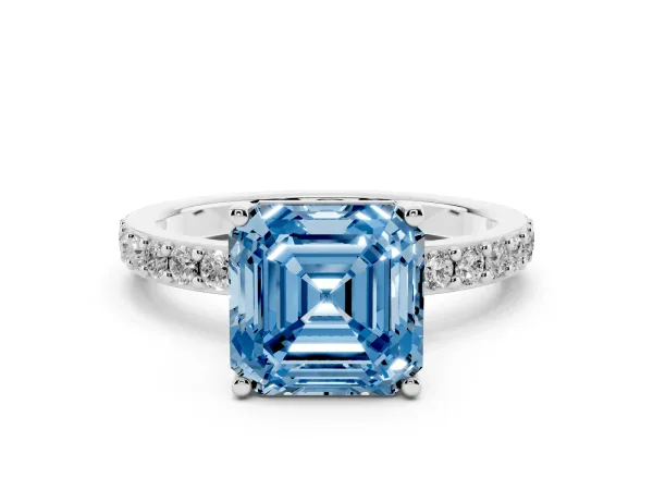 Fancy Blue Asscher Cut Cut Diamond Solitaire with Pave Band and Four-Prong Setting White gold