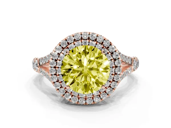 Fancy Yellow Double Halo Round Cut Diamond Split Shank Engagement Ring with Four-Prong Setting Rose gold