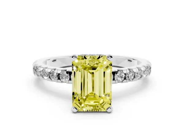 Fancy Yellow Emerald Cut Diamond Solitaire Ring with Round Pavé Band and Four-Prong Setting White gold