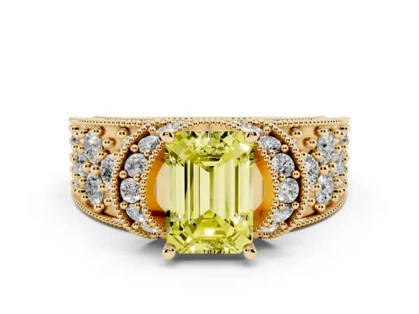 Fancy Yellow Emerald Cut Halo Pave Diamond Engagement Ring with Milgrain Detailing Yellow gold