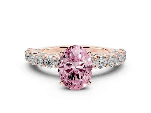 Fancy Pink Oval Cut Diamond Solitaire Ring with Shared Prong Pavé Band and Four-Prong Setting Rose gold