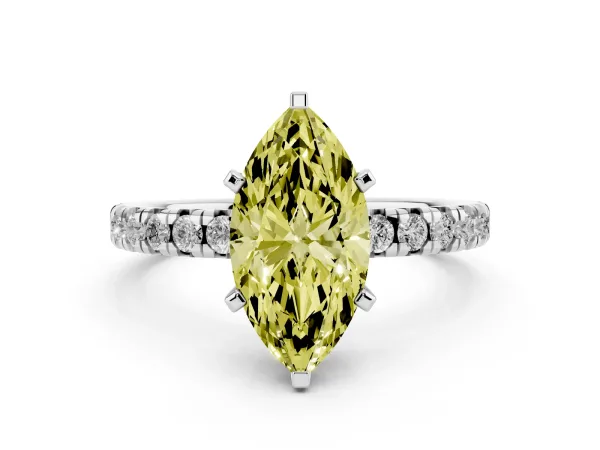 Fancy Yellow Marquise Cut Diamond Solitaire Pavé Engagement Ring with Round Band and Prong Setting Platinum