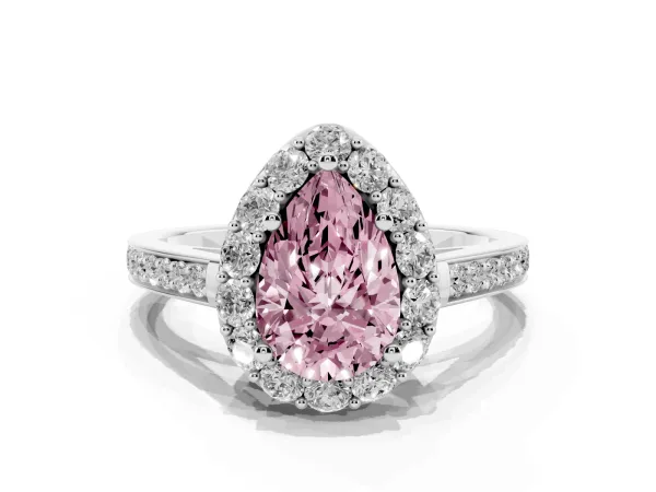 Fancy Pink Pear Cut Diamond Floral Halo Ring with Pavé Band and Prong Setting Platinum