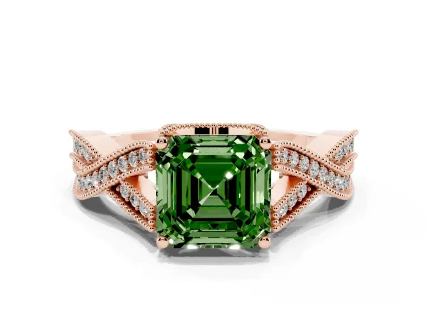 Fancy Green Asscher Cut Cut Diamond Twisted Band with Milgrain Pave Setting and Four-Prong Setting Rose gold