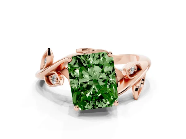 Fancy Green Radiant Cut Solitaire Twist Engagement Ring with Leaf Accents and Prong Setting Rose gold