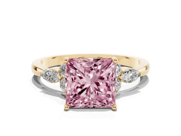 Fancy Pink Princess Cut Brilliant Diamond Solitaire Ring with Pear Side Stones and Four-Prong Setting Yellow gold