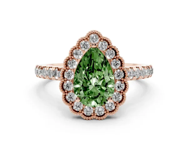 Fancy Green Pear Cut Cut Diamond Milgrain Floral Halo Engagement Ring with Pavé Band Rose gold