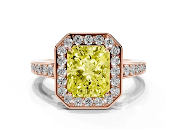 Fancy Yellow Radiant Cut Halo Pavé Diamond Engagement Ring with Bezel Setting Rose gold
