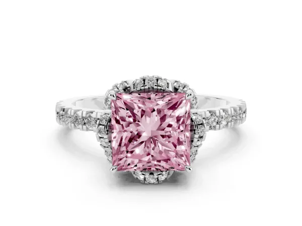 Fancy Pink Princess Cut Halo Diamond Pave Band Ring with Four-Prong Setting Platinum