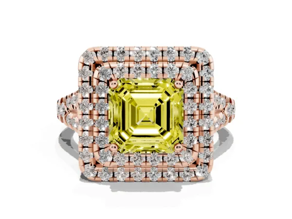Fancy Yellow Double Halo Asscher Cut Diamond Pavé Split Shank Ring with Prong Setting Rose gold